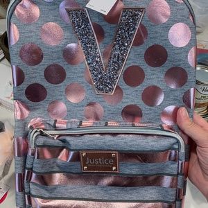 NWT Justice Rose Gold Dot V backpack & lunchbox